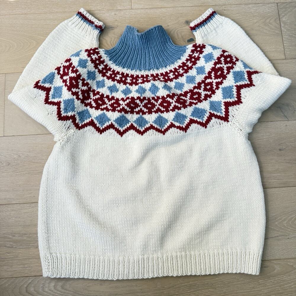 Vintage Icelandic Fair Isle Sweater Handmade White Blue Red Yolk L Non Wool - Picture 3 of 10